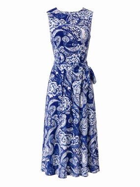 Lauren Ralph Lauren Blue & White Floral Paisley Belted A-Line Knit Dress Size 10